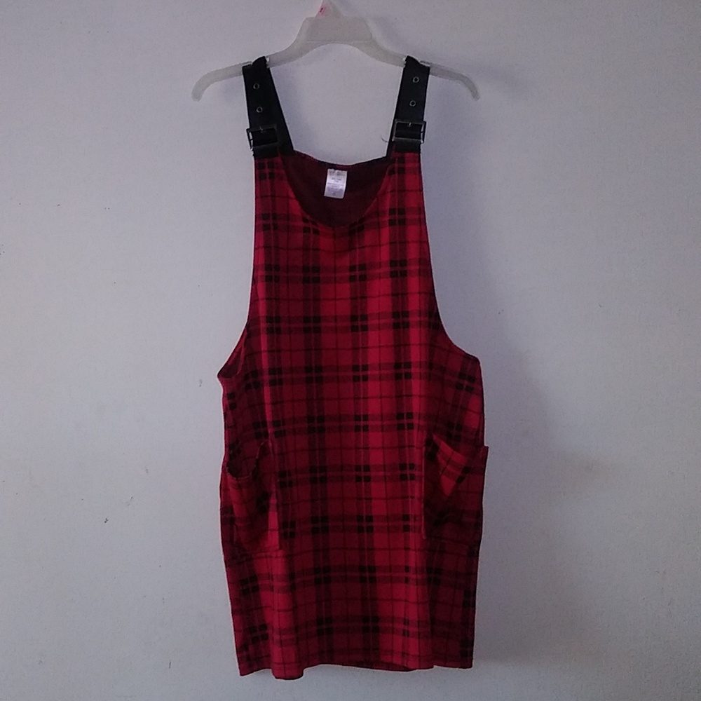 No Boundaries red and black plaid overall dress